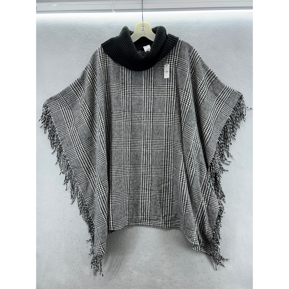 NWT Talbots Poncho Women ML Black White Glen Plaid Fringe Turtleneck Wool Blend - Picture 2 of 12